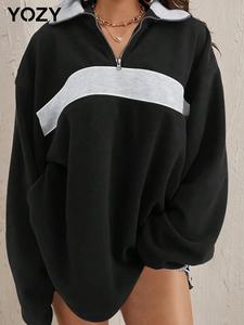 YOZY Women's Patchwork Drop Shoulder Quarter Zip Sweatshirt, Casual Long Sleeve Collared Pullover for Fall & Winter, Ladies Clothes for Daily Wear