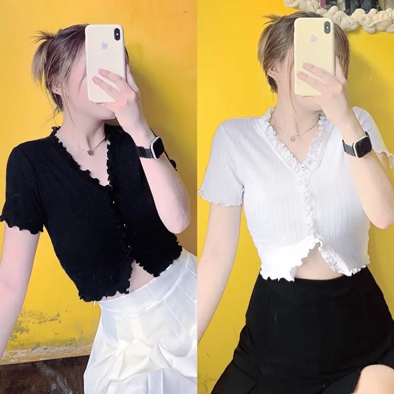 Áo Croptop Viền Bèo Cúc Bật (Ảnh thật) YUMI BÁN SỈ  Áo Croptop Tay Ngắn Bèo Thun Gân Co Giãn Cổ Chữ V