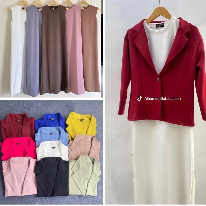 MM- Set Blazer Kerah Iner Knit Kutung New 2025  Army Formal Hitam Kancing Nyaman Panjang Putih Scuba Setelan Cantik