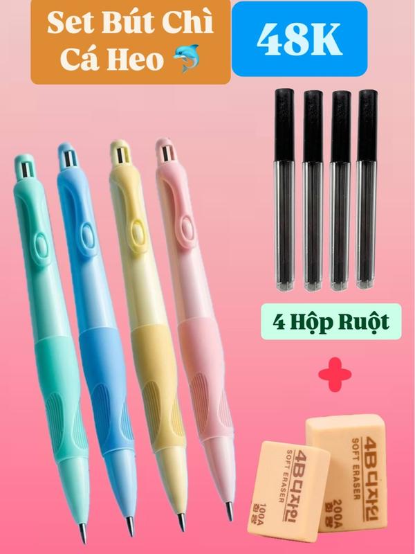 Combo 4 bút chì cá heo TẶNG kèm 4 hộp ngòi chì (40c) TẶNG kèm 4 viên tẩy HQ Bút chì tập viết cá heo bút chì bấm 2.0mm giúp bé cầm bút đúng tư thế