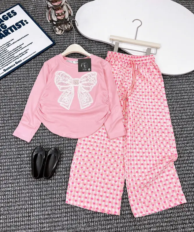 Điệu kids- Set bé gái áo thun tay dài quần sọc caro nơ 22-55kg 2 màu 3