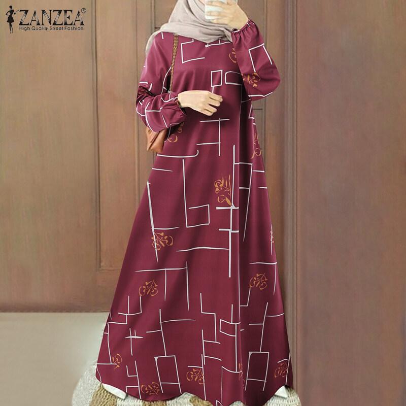 ZANZEA Women's Muslim Long Skirt, Muslim Long Sleeve, Elastic Cuffs, Round Neck, Printed, Loose, Promotional Price 3