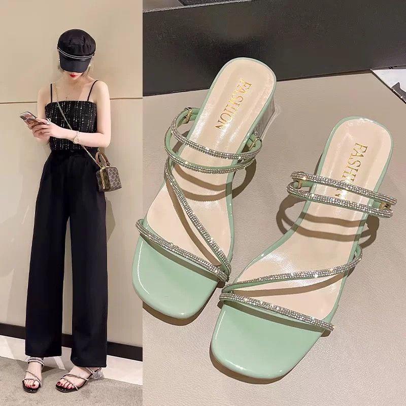 Product Introduction of Summer New Rhinestone Fairy Style Chunky Heel Two-Way Sandals Elegant Outdoor Crystal High Heels for Women 3