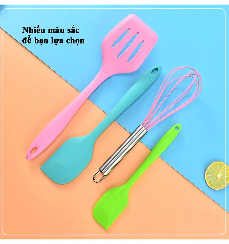 Bộ dụng cụ làm bánh 5 món silicon, nấu ăn, trà sữa, chè gồm chổi, spatula trộn bột, đánh trứng, xẻng silicone chịu nhiệt 4