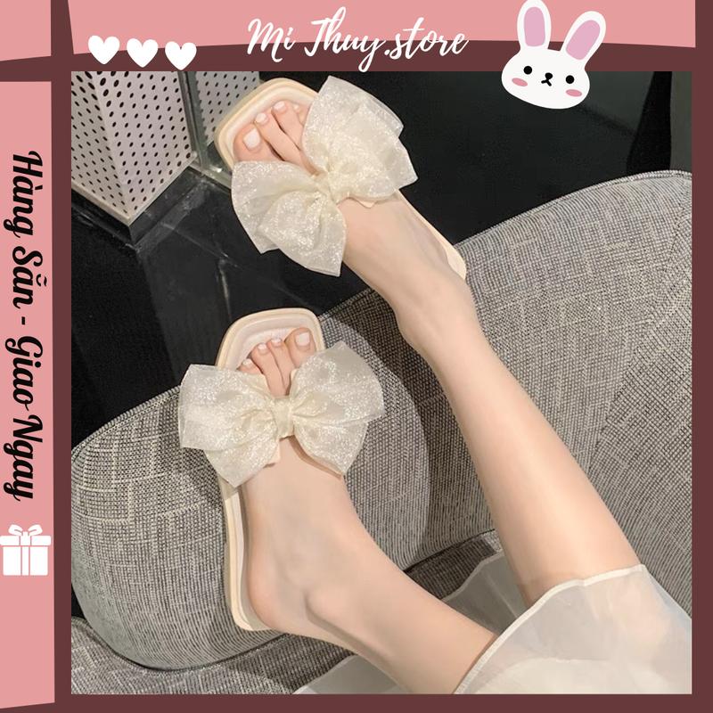 (Chọn chuẩn size) Dép quai ngang nơ voan nhũ bản to đế nhựa phối da nhiều màu NƠ PHỦ NHŨ