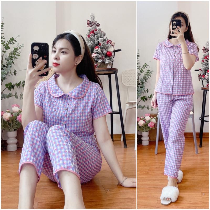 bộ cổ sen chất thô xốp kẻ tim ( áo cộc tay, quần dài hoặc lửng)