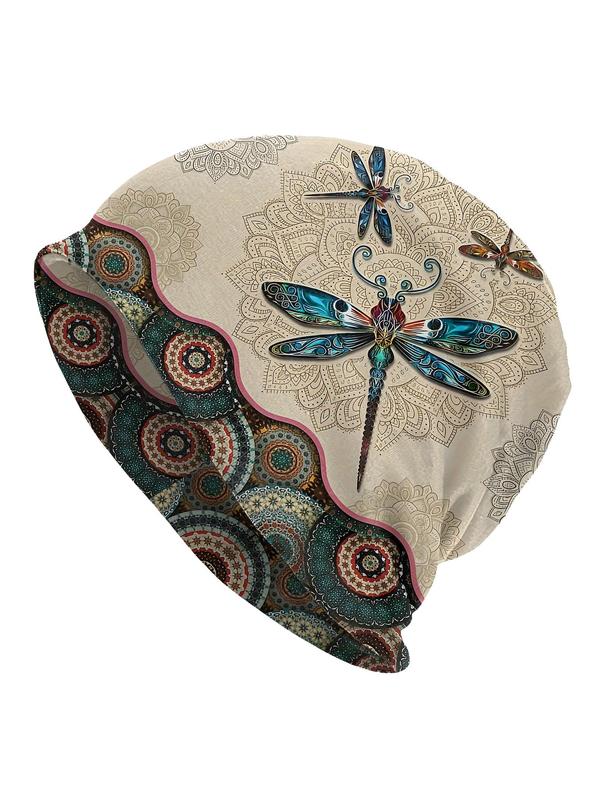Dragonfly Pattern Beanie Hat, Boho Style Ethnic Pattern Beanie Hat for Fall & Winter, Fashion Vintage All-match Accessories for Women & Men 0