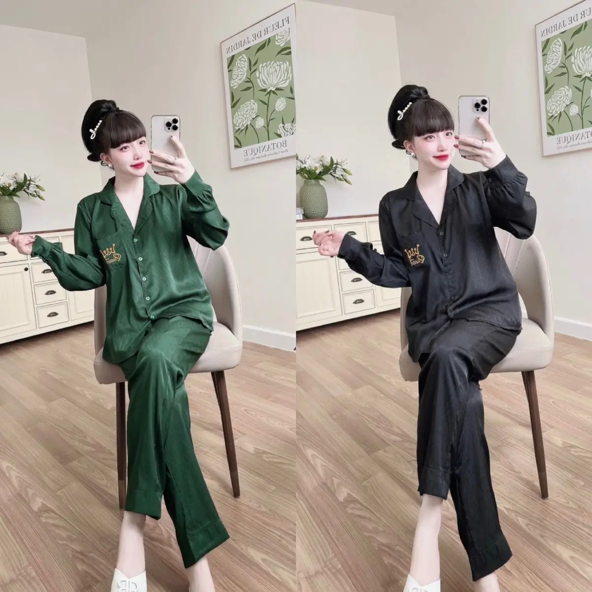 Đồ bộ Lụa xước 60-100kg mềm rũ TAY PHỒNG CÀI NÚT