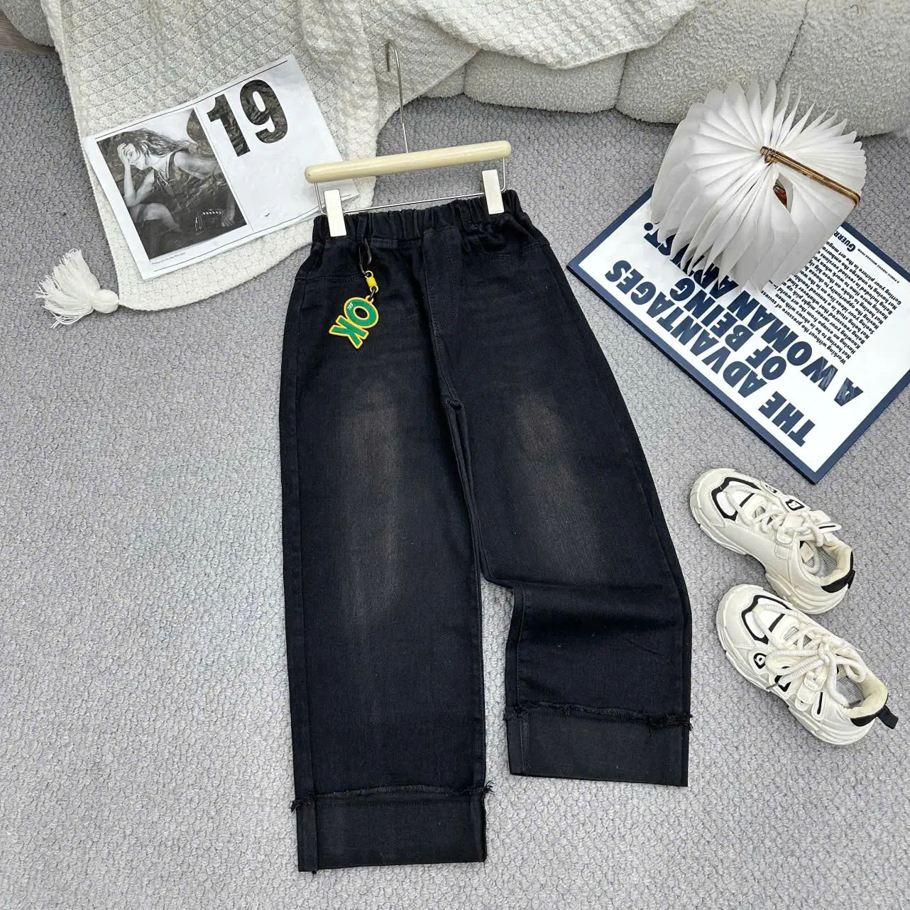Quần jean A29 cho bé gái co giãn 4 chiều, size từ 20-60kg, dài quần 70-94cm, nơ ống suông, giá 125k