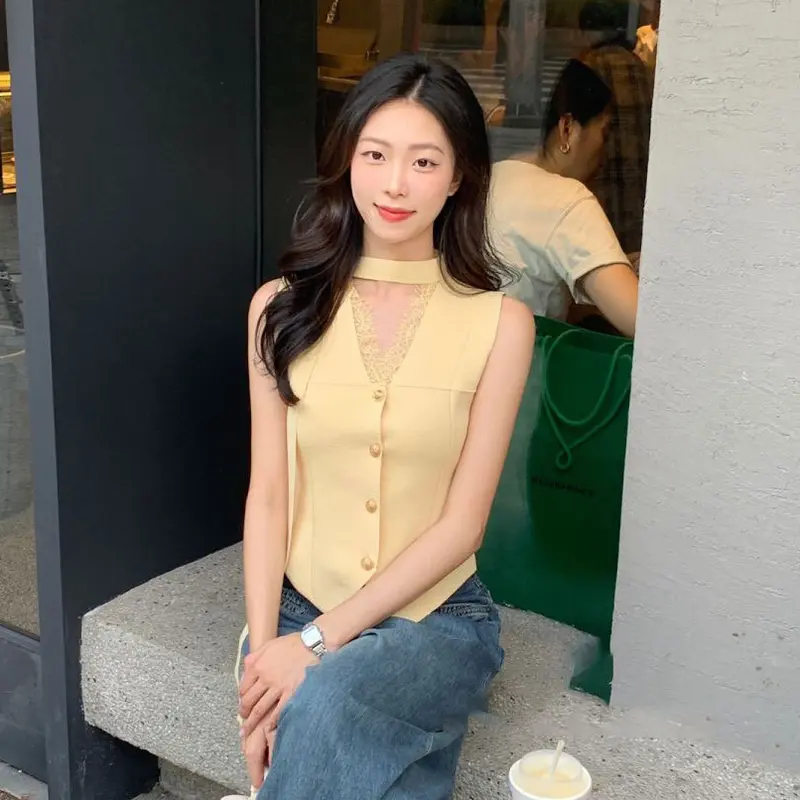 Áo Ba Lỗ Dệt Kim Cổ Chữ V, Trang Trí Ren Kiểu Pháp, Không Tay, Áo Cơ Sở, Để Lớp Nếp Nữ Women Top Denim 2