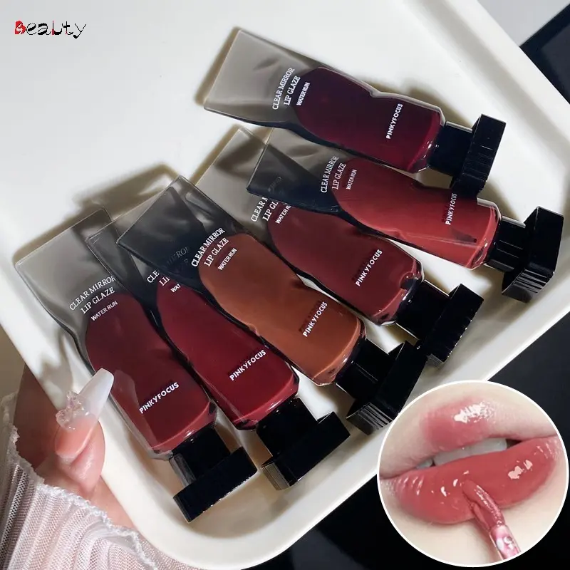 PinkyFocus 6 Colors Mirror Water Glossy Lip Glaze Long-lasting Natural Moisturizing Non-sticky Waterproof Sweat-proof Non-fading Non-stick Cup Lip Cosmetics