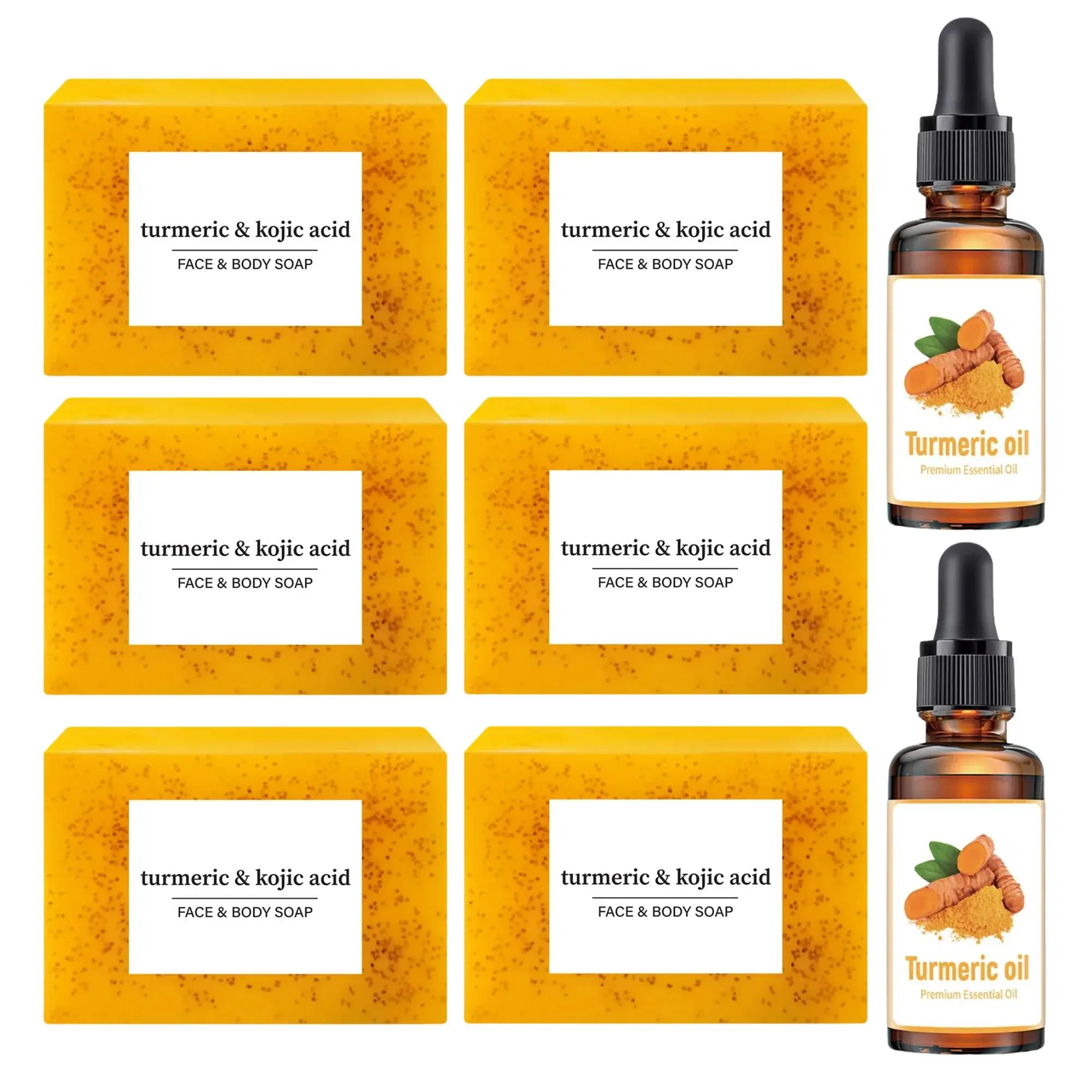 Lemon Turmeric & Kojic Acid Brightening Soap & Turmeric Essential Oil with Soap Saver Bags, Moisturizing Skin Care Set for Women Men Face & Body Wash, Back To School, Skincare Products, Kojic Soap Original