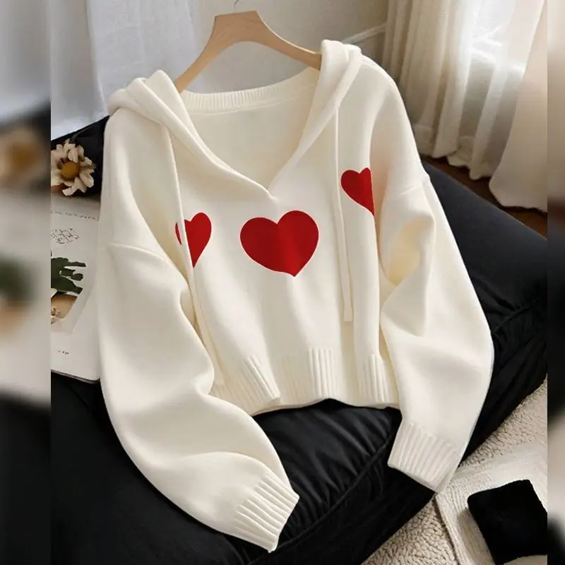 Len Dệt Kim Có Mũ Trùm Đầu Tình Yêu Màu Trắng, Phong Cách Lười Biếng Của Phụ Nữ,  Jacquard Cao Cấp Nhẹ Nhàng, Hàng Mới Về Đầu Mùa Top Women có thể giặt máy  hoodie vàng   hoodie áo thun nâu labu  vòng bít áo hoodie nữ dày dặn áo khoác nữ ấm mùa đông