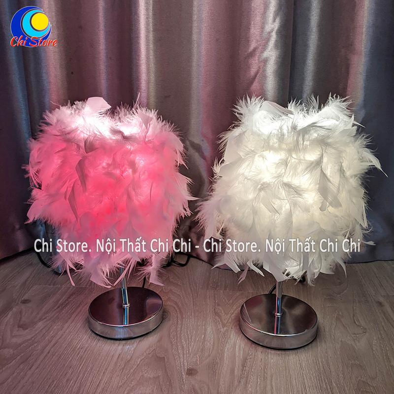 Đèn Ngủ Lông Vũ Để Bàn Lông Vũ Chân Kim Loại Mạ Inox Cực Đẹp, Đèn Ngủ Trang Trí Phòng Cưới Lãng Mạn