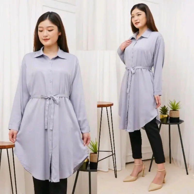 Tunik Kemeja Basic Polos Wanita Bahan Adem dan Nyaman Dipakai Pas untuk Kuliah, Hangout, atau Kerja - Azka Collection - Kain Shakila Lembut Busui Muslim jumbo Tangan Panjang 4
