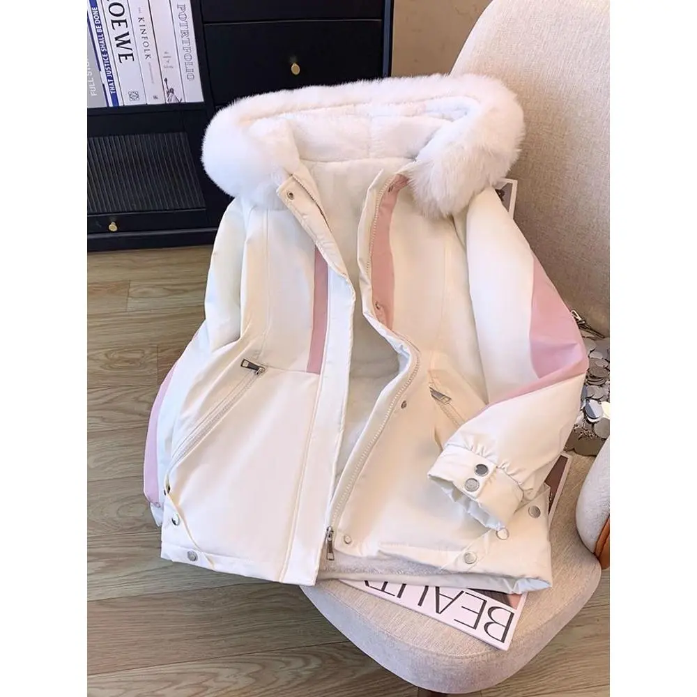 Áo Parka Có Đệm Bông, Cỡ Lớn Cho Quần Áo Mùa Đông Nữ, Dáng Rộng Vừa Vặn, Màu Hồng Ngọt Ngào, Có Mũ Trùm Đầu, Lót Lông Cừu, Áo Khoác Cotton Giữ Nhiệt, Áo Khoác