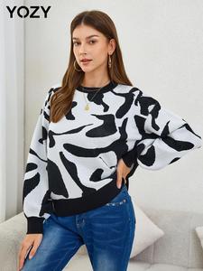YOZY Women's Colorblock Print Drop Shoulder Sweater, Casual Long Sleeve Round Neck Jumper for Fall & Winter, Women's Clothes for Daily Wear