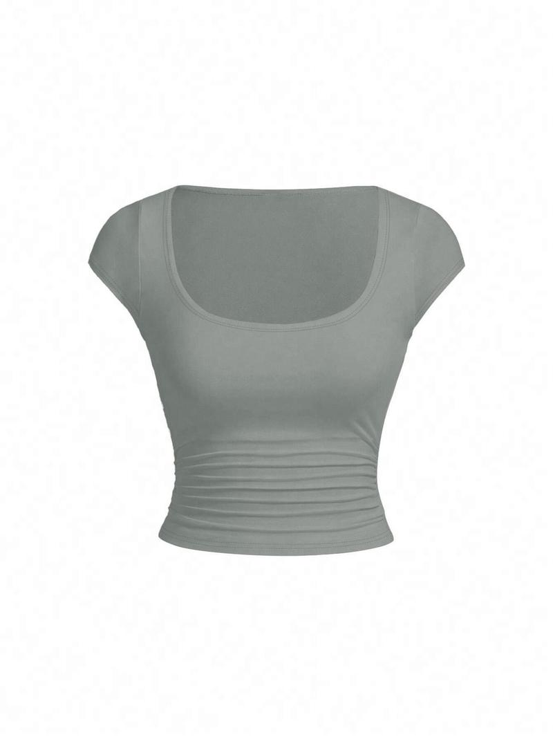 Product Introduction of Women's  Solid Ruched Scoop Neck Crop Tee, Casual Cap Sleeve T-shirt for Summer, Ladies Clothes for Daily Wear 9
