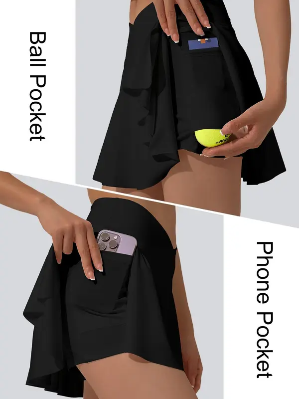 Women's Solid Color V-Shaped Waist Tennis Skort, Casual Sporty Comfortable Breathable Anti-Exposure Tennis Skort with Built-In Pocket for Summer, Ladies Sportswear for Tennis Golf Running 4