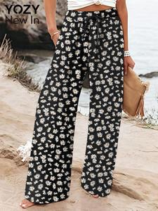 YOZY Women's Daisy Print Wide Leg Pants, Casual Comfy Trousers for Daily Wear, Ladies Bottoms for All Seasons