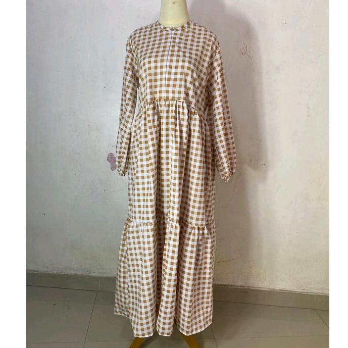 Zaina Dress Gamis Lebaran Kekinian Motif Kotak Kotak Gamis Busui Friendly OOTD Dressah Dress Kotak Kotak Katun Gamis Ied Dewasa Midi Muslim Wanita Mocca 4