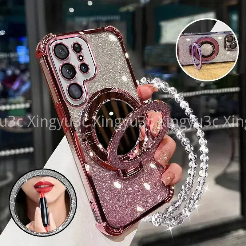Luxury Sparkling Handphone Case for Samsung S24 Ultra S24 PLUS S24 FE four corners shockproof phone case 3D makeup mirror holder new bracelet soft case