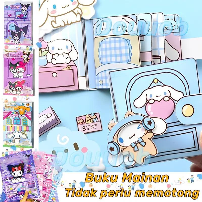 Sanrio Quiet book Cinnamoroll Kuromi Buku Diy Handmade Toys Paper Doll House hand Pom Pom Purin Pochacco Animal House Mainan Edukasi Busy Book Buku Aktifitas Anak Anak Mudah Disusun Bahan kertas Art 60gr Tebal Tidak Mudah Rusak Murah diy Mainan 2