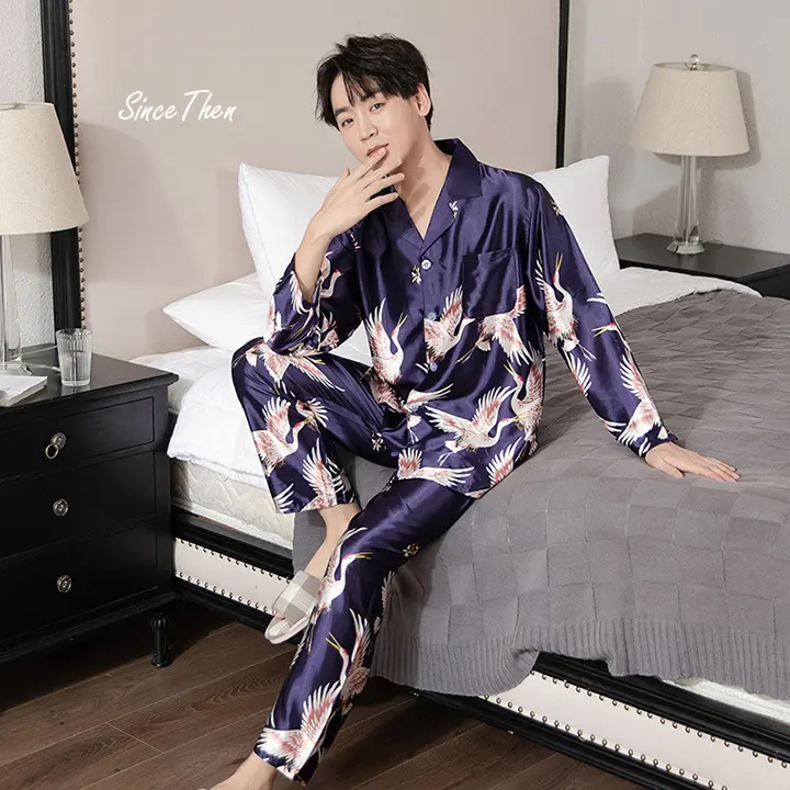 Đồ ngủ nam Pijama lụa mặc nhà hồng hạc xanh
