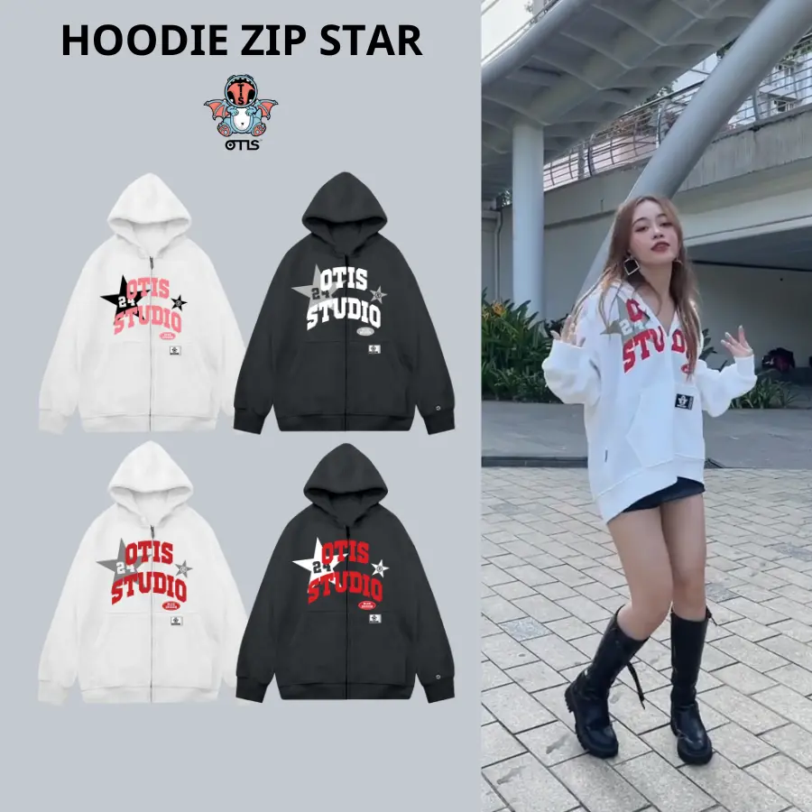 Aó khoác zip kéo unisex local brand Otis Club - Hoodie Zip STAR nỉ bông Áo Top Kem