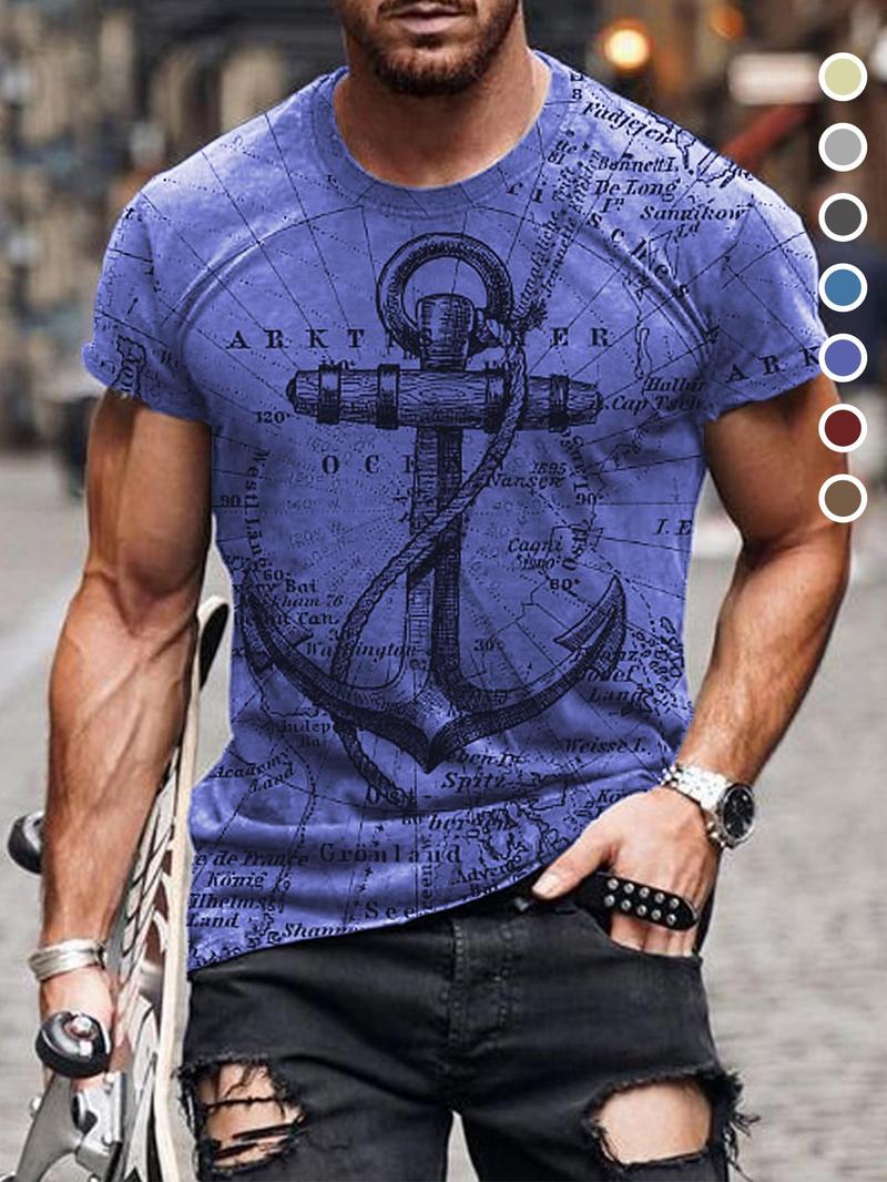 Product Introduction of Men's Letter & Anchor Print Round Neck Tee, Summer Clothes Casual Regular Fit Short Sleeve T-Shirt for Summer, Mens Clothes for Daily Wear 11