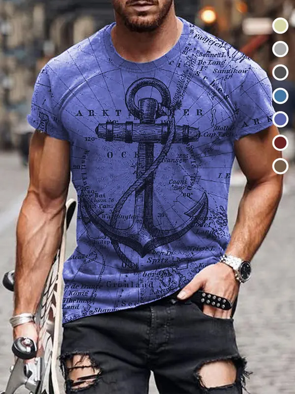 Men's Letter & Anchor Print Round Neck Tee, Summer Clothes Casual Regular Fit Short Sleeve T-Shirt for Summer, Mens Clothes for Daily Wear 5