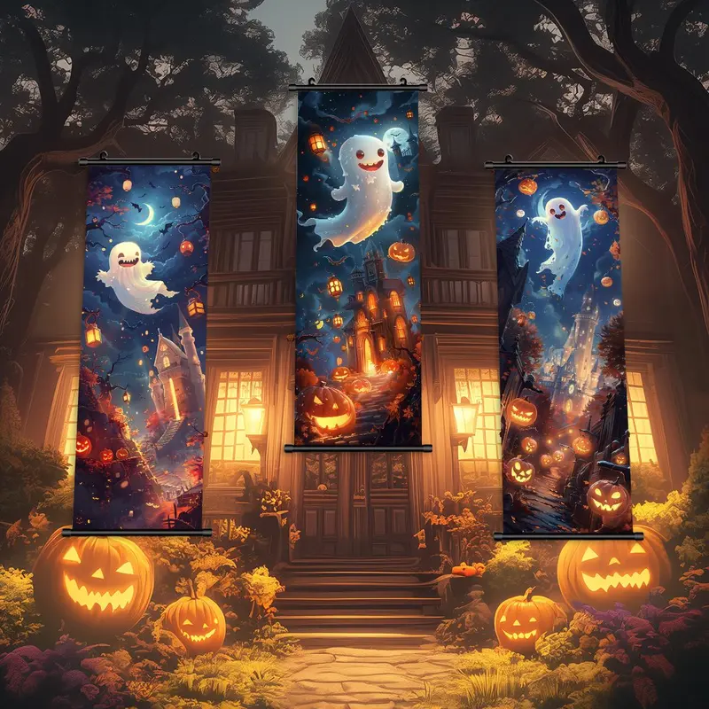 Halloween Hanging Banner, 3 Counts/set Cartoon Ghost Pattern Wall Art with Gift Box, Cute & Funny Ghost Poster, Halloween Decoration, Halloween Gift 7