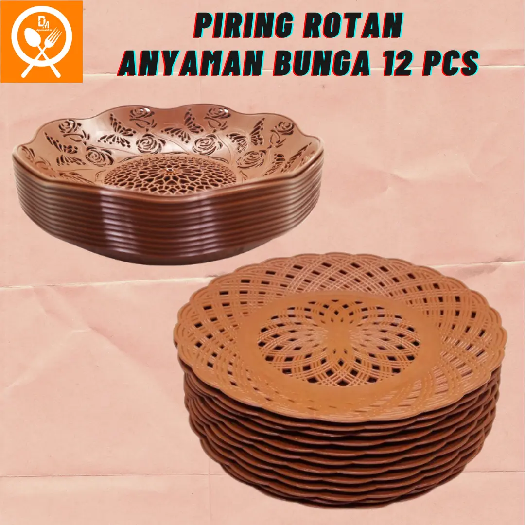 Piring Motif Bunga Anyaman Rotan Plastik 12 Pcs - Piring Hajatan Piring Warung Makan Kertas Minyak Rotan Plastik Lusinan Selusin satu Lusin Buah Peralatan - Set Selusin