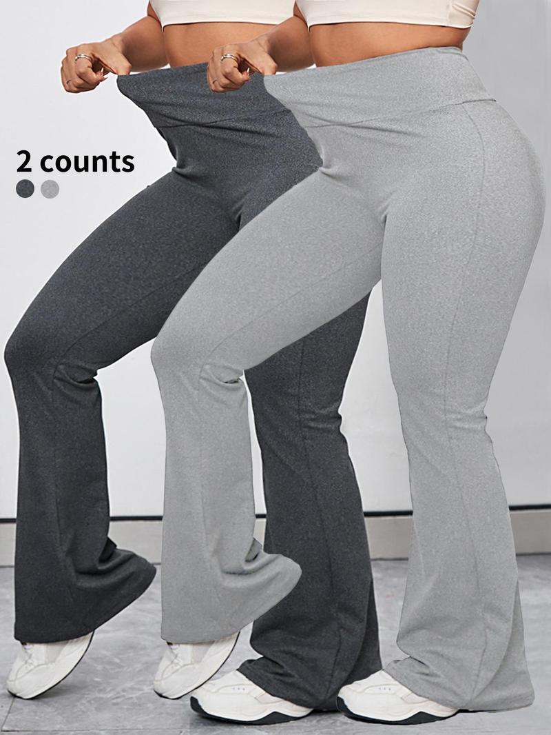 Product Introduction of 【Plus Size】 Solid High Waist Flare Leg Sports Leggings, Breathable Wide Waistband Bell Bottom Pants for Yoga Gym, Women's Plus Sportswear for Summer, Workout Clothes 6