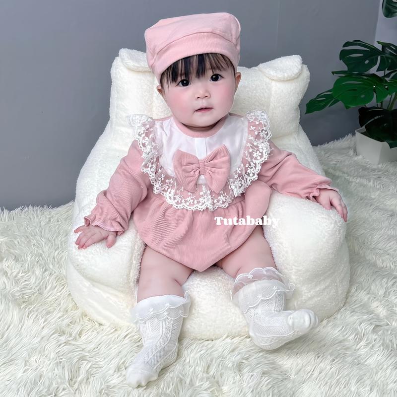 Bodysuit Cho Bé Gái Màu Hồng Chất Len Nhung Mềm Mịn Thiết Kế Phối Ren Kèm Mũ Nồi Sang Chảnh