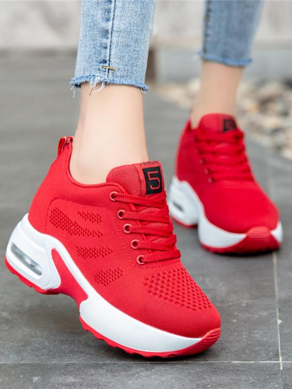 Women's Simple Design Plain Lace Up Round Toe Wedge Sneakers, Girl Casual Comfortable Letter Label Decor Wedge Trainers for Daily Footwear, Girlfriend Gifts 3