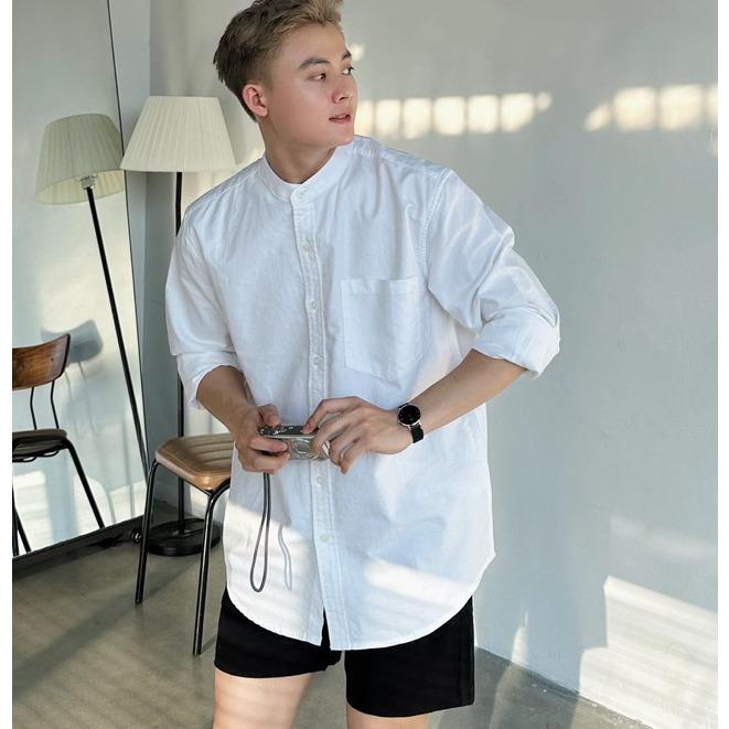 Áo Sơ Mi Nam Cổ Tàu Oxford Tay Dài Nam Nữ Hàn Quốc Cổ Trụ Form Rộng Màu Trắng HALLEY Menswear A12 Shirt