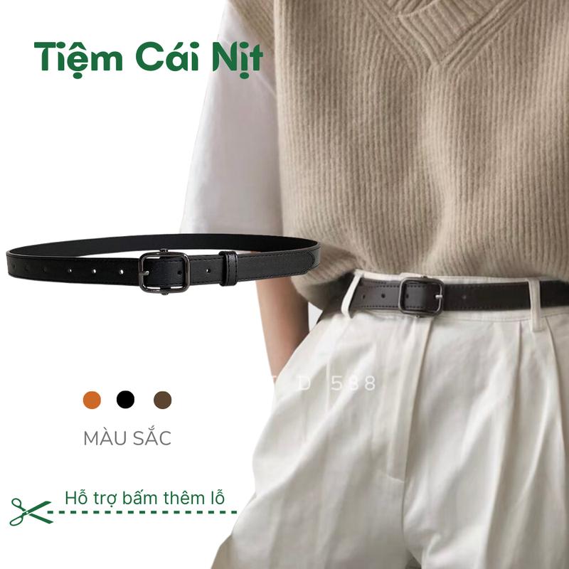  Thắt lưng nam nữ bản nhỏ mặt đen bóng may viền TLN018 - Dây Nịt mặt đen cá tính học sinh thời trang - Tiệm Cái Nịt 