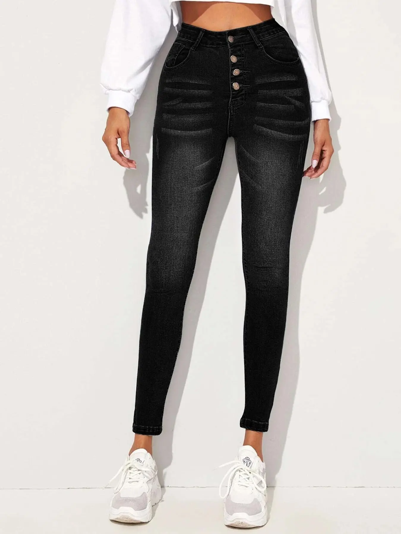 Women's High Waist Button Fly Skinny Jeans, Casual Comfy Denim Pants for Daily Wear, Ladies Bottoms for All Seasons