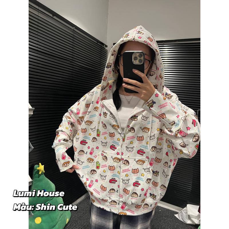 ÁO KHOÁC ZIP HOODIE CẢN NẮNG HỌA TIẾT CUTE PHO MAI QUE CHẤT ĐANH MỊN LUMI HOUSE MŨ TO 2 LỚP Women Nữ Top có thể giặt máy màu đen