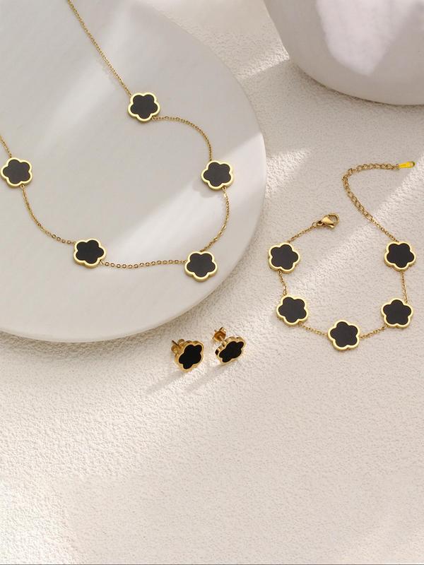 Summer 2024 Flower Design Vintage Jewelry Set, Stud Earrings & Necklace & Chain Bracelet for Party, Daily Clothing Decor, Trendy Clean Girl  Jewellery for Women for Birthday Gift 3