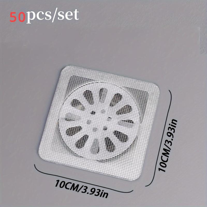 Product Introduction of Disposable Shower Drain Hair Catcher, 50pcs/set Disposable Drain Strainer Cover for Shower, Floor Sink Filter Mesh Sticker, Bathroom Accessories 12