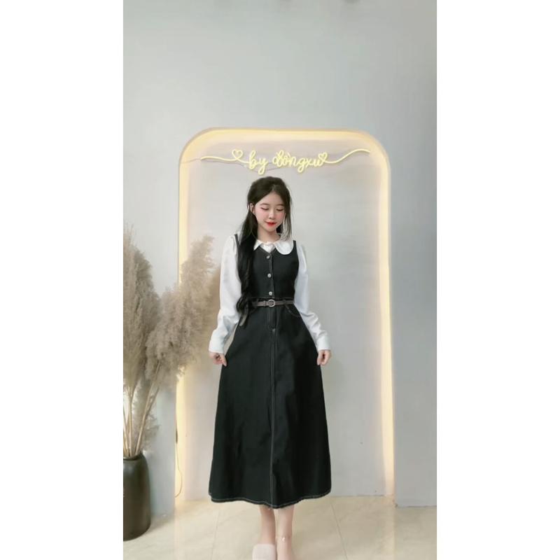 Set DONGXU V119 gồm áo sơ mi trắng cổ sen mix váy khoét nách jean dáng dài (không kèm đai)