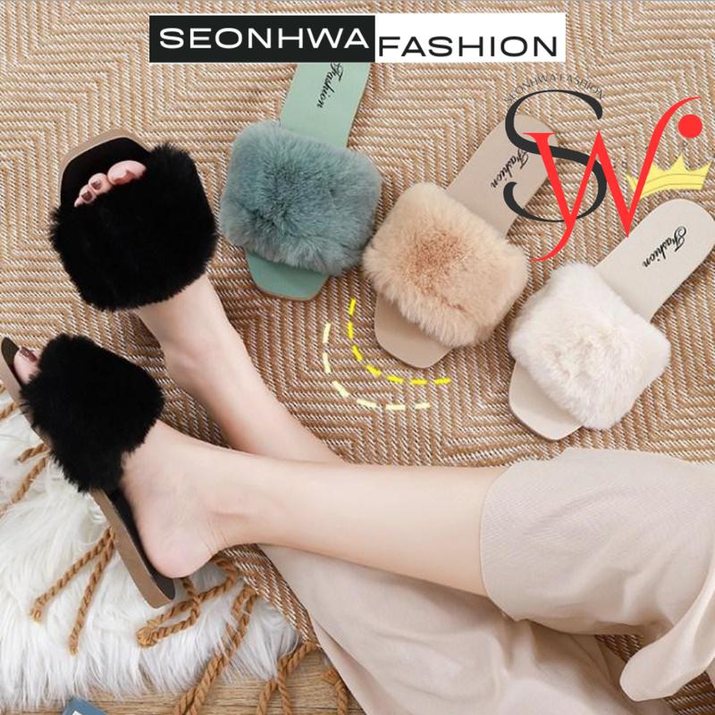 Dép lông đi trong nhà cao cấp SEONHWA cao 1.5cm quai ngang phủ lông dày vừa xinh vừa cá tính G988