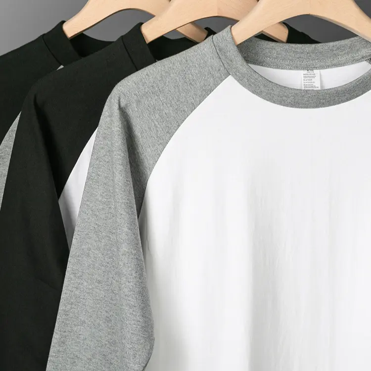 Classic contrasting seven-quarter sleeves! Heavy pure cotton long-sleeved T-shirt men's simple comfortable top women's loose casual versatile