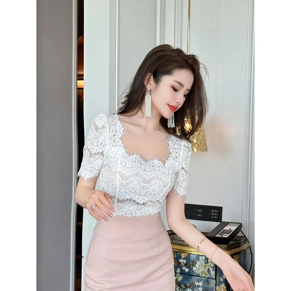 Áo Sơ Mi Ren Cổ Vuông Kiểu Pháp, Hàng Mới Về Mùa Hè, Thiết Kế Áo Cơ Sở Bên Trong, Tay Ngắn, Dành Cho Nữ, 20398 Women Top Shirt Blazer