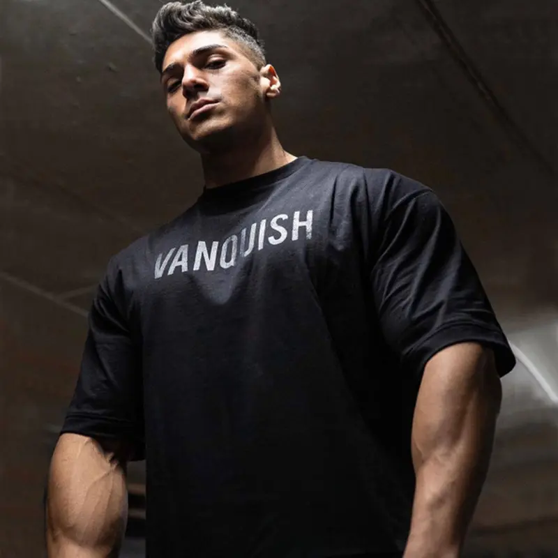 Men's sports short sleeved men's T-shirt loose muscle fitness iron dog round neck 100% cotton running training size