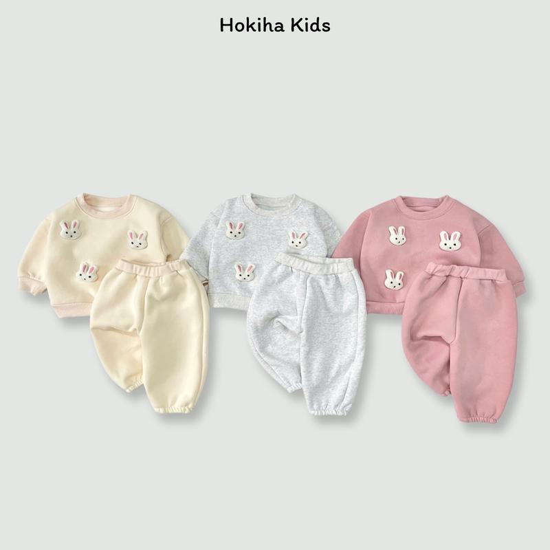   Hokiha Kids  SB17- Bộ quần áo dài tay cho bé gái đính thỏ chất nỉ bông không xù mềm mại ấm áp size 8-17kg 