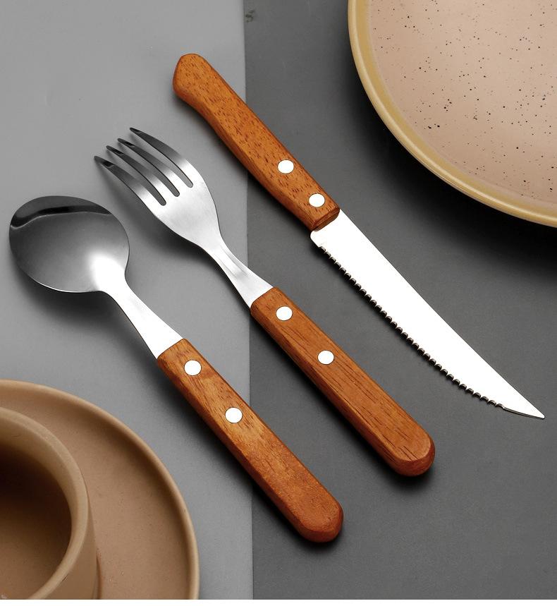 Product Introduction of Stainless Steel Clip Handle Tableware Knife, Fork and Spoon Three-Piece Hotel Steak Knife and Fork Knife, Fork and Spoon New Creative Wooden Handle Steak Knife and Fork 10