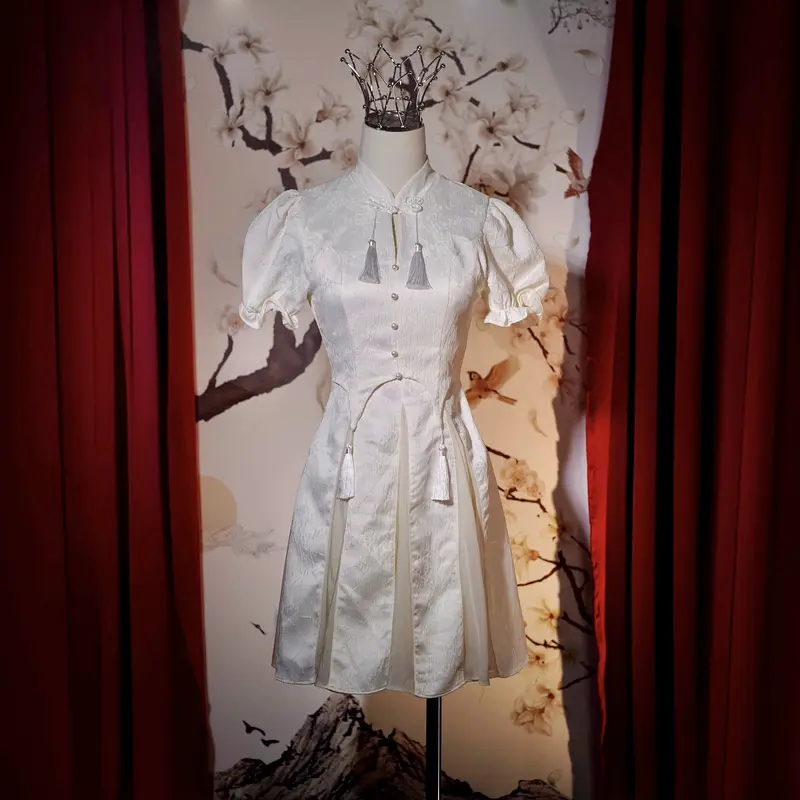 NV568 Váy tết 2024 sườn xám cách tân Váy nữ xinh dáng chữ a vải gấm hoa phối voan Women Dress Kem 3